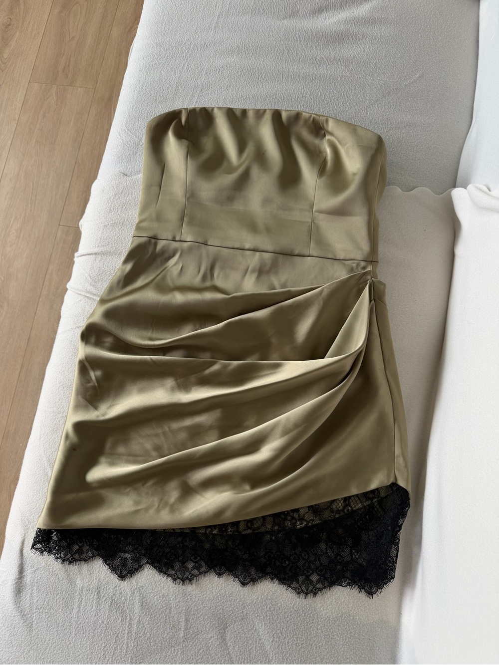 Aritzia Strapless Olive Satin Dress with Black Lace Trim